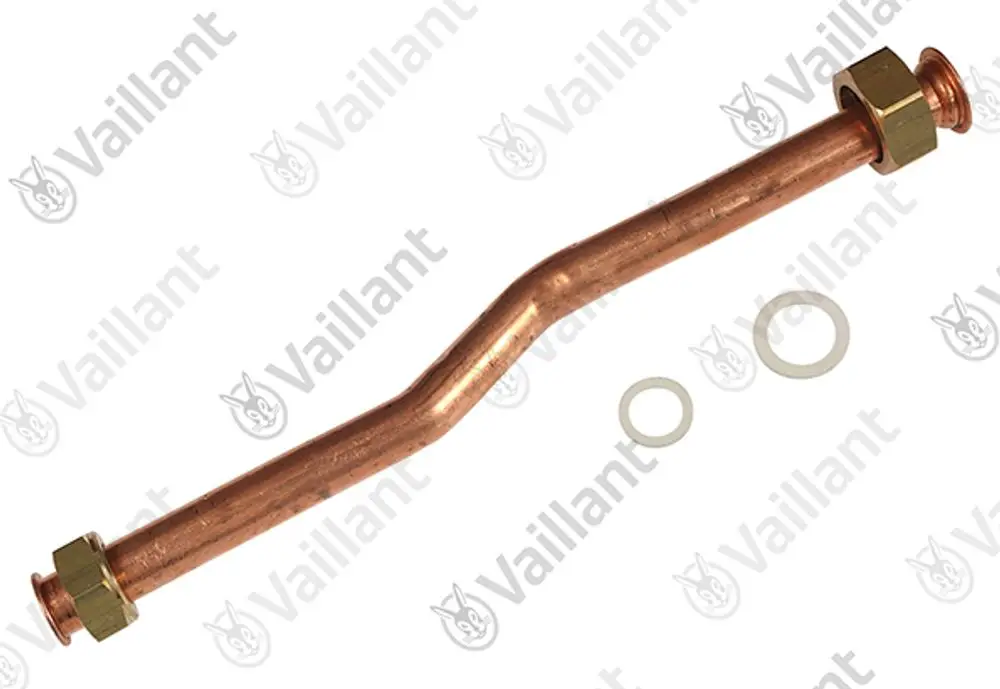 Kupferrohr mit zwei Verbindungsmuttern und zwei Dichtungen, hergestellt von Vaillant, zur Verwendung in Heizungsanlagen.